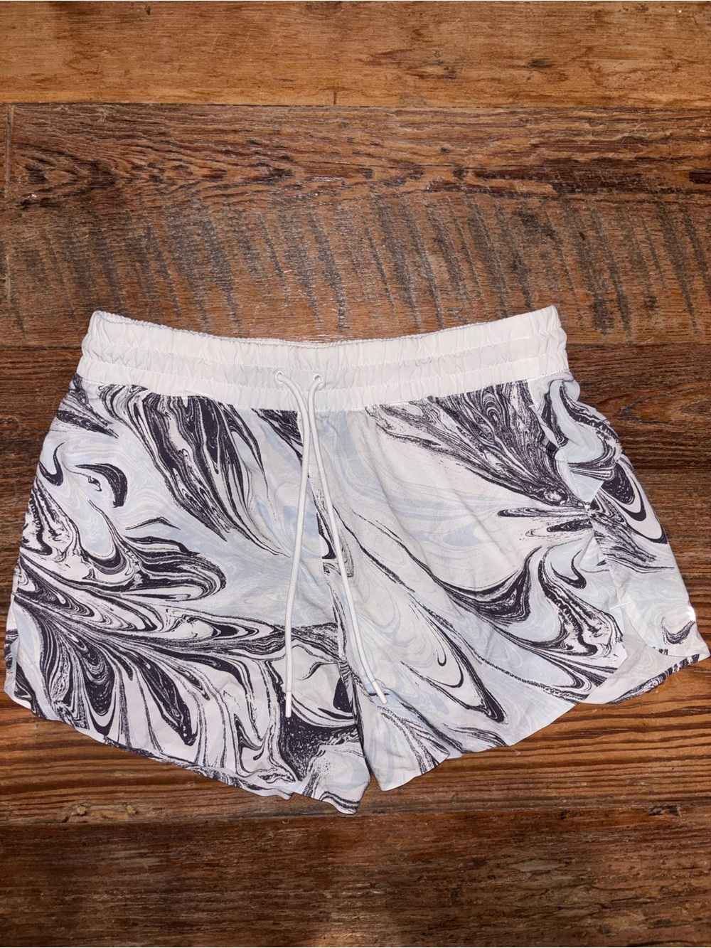 Athleta White and Black Marble-Print Athletic Shorts with Drawcord